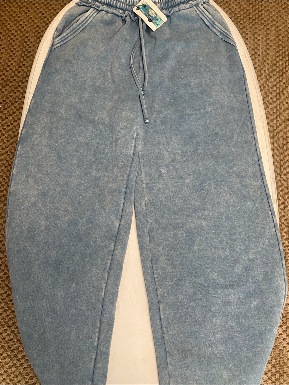 Zenana Outfitters Blue Wash Track Pants with White Side Stripes
